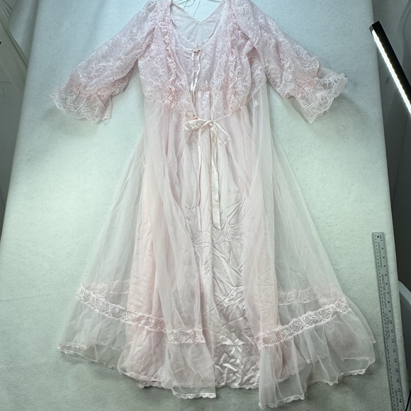 Vintage Tosca Long 2 Pc Nightgown Peignoir Robe Set Small Nylon Pink Lace - Picture 7 of 13
